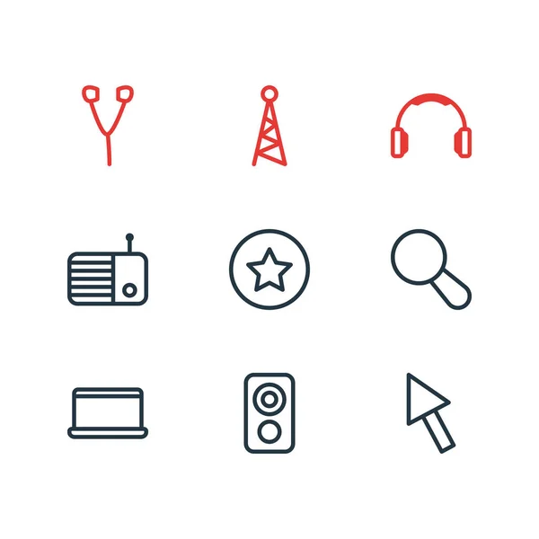 Ilustración de 9 iconos de medios estilo de línea. Conjunto editable de radio, auriculares, favoritos y otros elementos del icono . —  Fotos de Stock