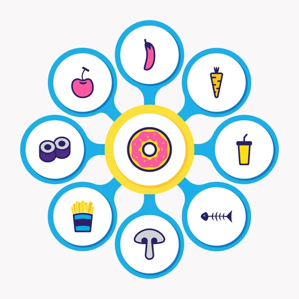 Vektorillustration von 9 Esssymbolen farbige Linie. Editierbares Set aus Sushi, Donuts, Kirsche und anderen Symbolelementen. — Stockvektor