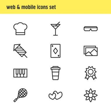 12 boş zaman simgesi çizgisi çizimi. Düzenlenebilir kalp, görüntü, 3D gözlükler ve diğer simge ögeleri.