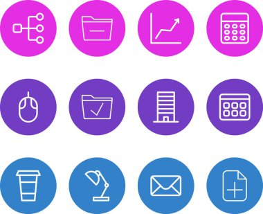 12 büro simge satırı biçiminin vektör illüstrasyonu. Düzenlenebilir grafik, e- posta, cappuccino ve diğer simge ögeleri kümesi.