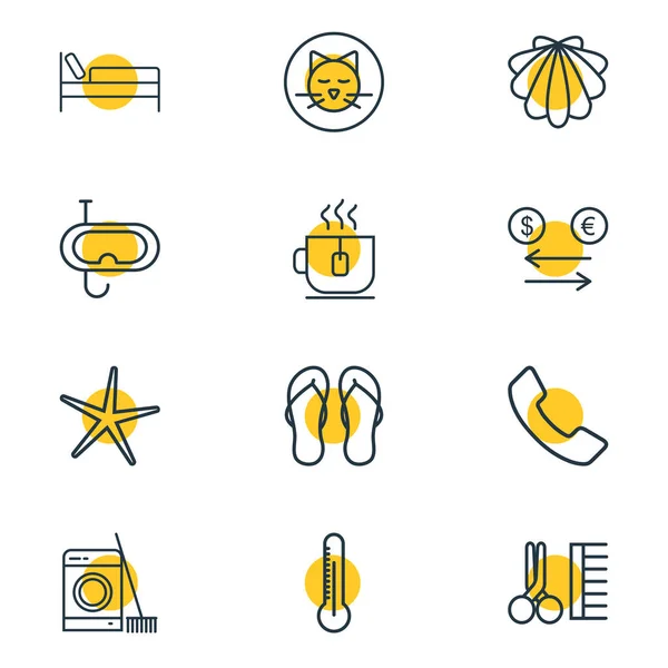 Vector illustratie van 12 reizen pictogrammen lijn stijl. Bewerkbare set theekopjes, snorkelen, bed en andere icoon elementen. — Stockvector