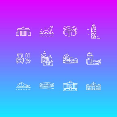 12 turizm ikonu çizimi. Belem Kulesi, Trevi Çeşmesi, Neuschwanstein Şatosu ve diğer simge elementlerinin düzenlenebilir kümesi.