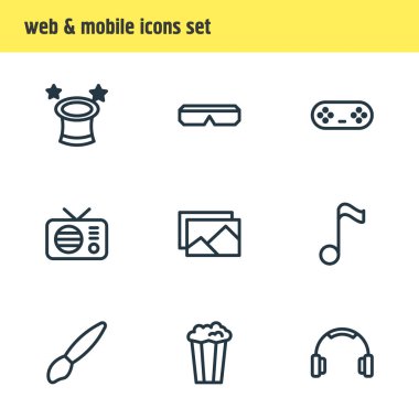 9 eğlence simgesi çizimi. Düzenlenebilir resim, kulaklık, radyo ve diğer simge ögeleri kümesi.