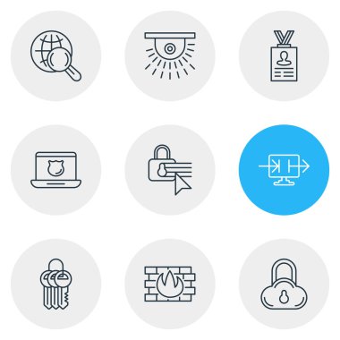 9 koruma simgesi çizgisi çizimi. Düzenlenebilir kişisel bilgi seti, anahtarlık, güvenlik ayarları ve diğer simge ögeleri.