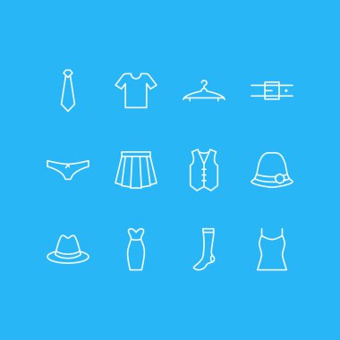 12 giysi simgesi çizgisi çizimi. Düzenlenebilir iç çamaşırı, askılık, çorap ve diğer simge ögeleri.