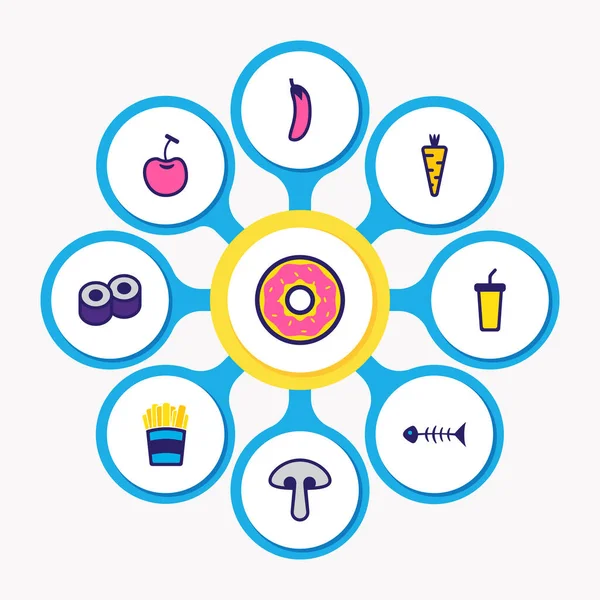 illustration of 9 food icons colored line. Editable set of sushi, donuts, cherry and other icon elements.