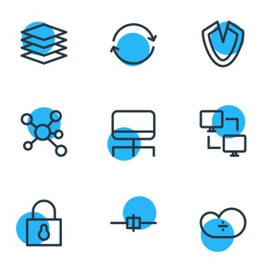 9 internet simgesi çizgisi biçiminin vektör çizimi. Düzenlenebilir paylaşım, eşzamanlama, güvenlik ve diğer simge ögeleri.