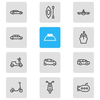 12 taşıma simgesi çizgisi biçiminin vektör illüstrasyonu. Düzenlenebilir uçak, motosiklet, scooter ve diğer simge ögeleri.