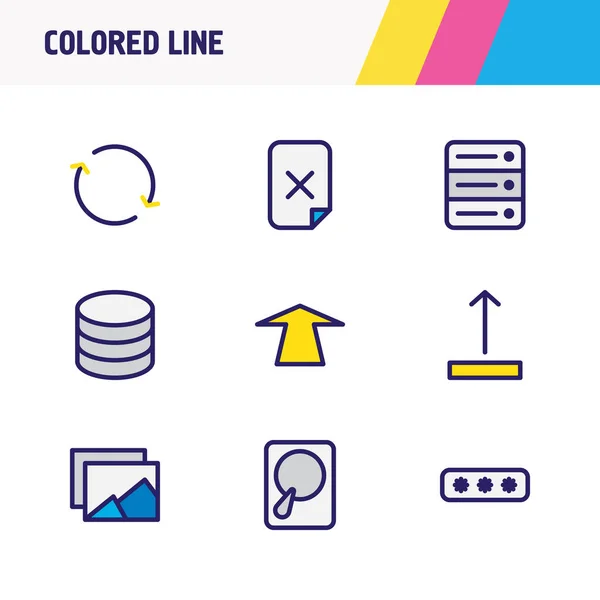Векторна ілюстрація 9 піктограм пам'яті кольорової лінії. Змінити набір елементів push, сервера, альбому та інших піктограм . — стоковий вектор