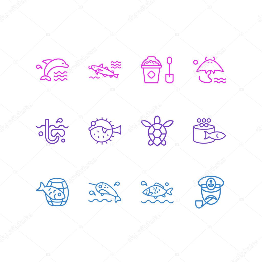 Vector illustration of 12 sea icons line style. Editable set of narwhal whale, barrel of fish, snorkeling and other icon elements.