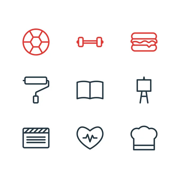 illustration of 9 hobby icons line style. Editable set of dumbbell, heartbeat, book and other icon elements.