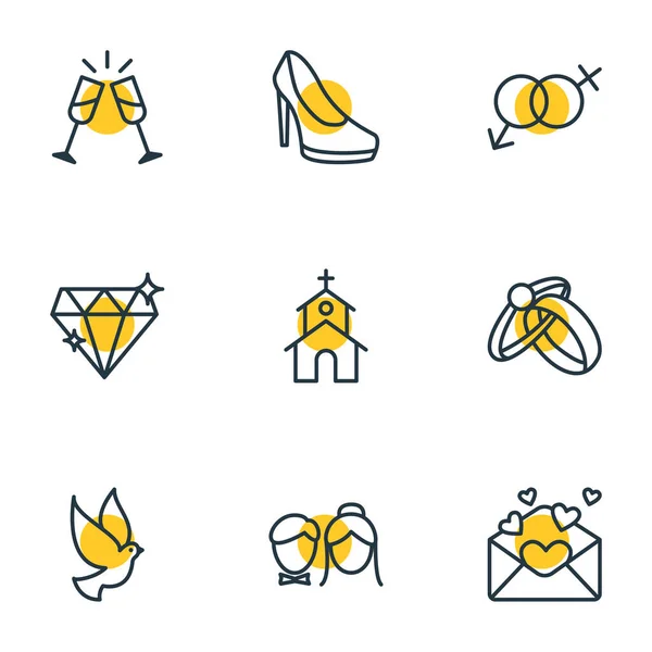 Ilustración de 9 iconos de la boda estilo de línea. Conjunto editable de anillos, recién casados, signos de género y otros elementos del icono . —  Fotos de Stock