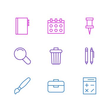 9 kırtasiye simgesi satır biçiminin vektör illüstrasyonu. Düzenlenebilir çöp kutusu, kopya defteri, büyüteç ve diğer simge ögeleri kümesi.