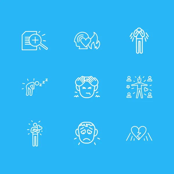 Vektor illustration av 9 emoji ikoner linje stil. Redigerbar uppsättning av forskning, depression, brott och andra ikon element. — Stock vektor