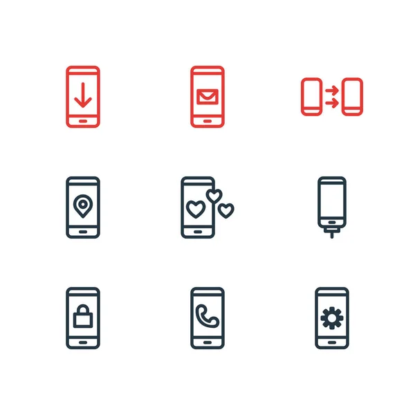 Illustrazione vettoriale di 9 icone smartphone stile linea. Set modificabile di messaggi, ricarica, download e altri elementi icona . — Vettoriale Stock