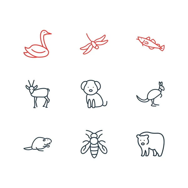 Vector illustration of 9 animals icons line style. Editable set of bee, beaver, antelope and other icon elements. — Stock Vector