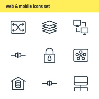 9 web simgesi çizim biçimi. Düzenlenebilir güvenlik seti, bağlı bilgisayar, ağ ve diğer simge ögeleri.