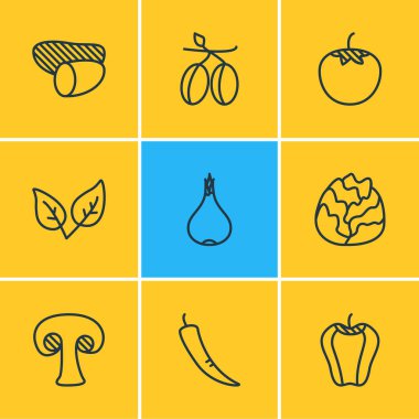 9 yemek ikonu çizgisi çizimi. Düzenlenebilir mantar seti, lahana, biber ve diğer simge elementleri.