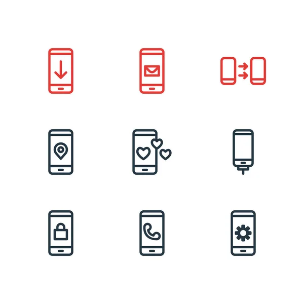 Illustration of 9 phone icons line style. Editable set of message, charging, download and other icon elements. — Stock Photo, Image