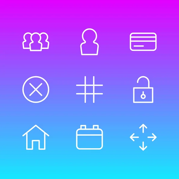 Ilustração de 9 ícones de aplicação estilo de linha. Conjunto editável de perto, grade, desbloqueio e outros elementos de ícone . — Fotografia de Stock