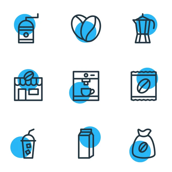 Иллюстрация стиля 9 иконок напитков. Столовый набор из кофеварки, мочи, карманного молока и других иконных элементов . — стоковое фото