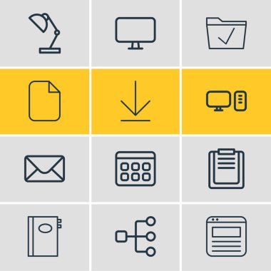 12 büro simge satırı biçiminin vektör illüstrasyonu. Dosya tahtası, takvim, masa lambası ve diğer simge ögelerinin düzenlenebilir kümesi.