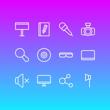 12 ortam simge satırı biçiminin vektör illüstrasyonu. Düzenlenebilir yazı, paylaşım, sessiz ve diğer simge ögeleri kümesi.