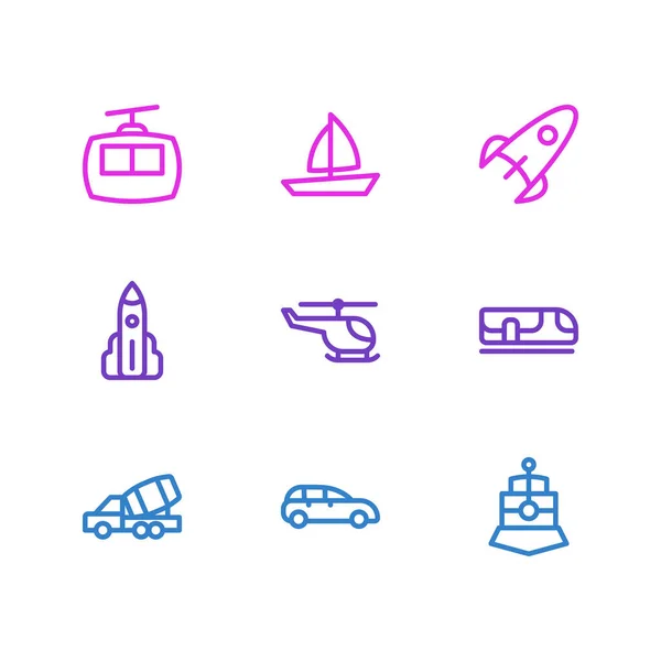 Vector illustratie van 9 voertuig pictogrammen lijn stijl. Bewerkbare set van ondergrondse, helikopter, trein en andere pictogram elementen. — Stockvector