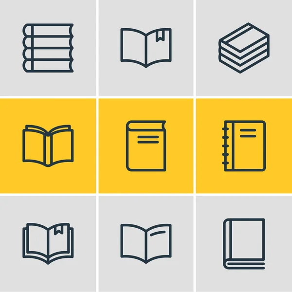 Ilustracja wektorowa 9 ikon czytania książek w stylu linii. Edytowalny zbiór copybooków, książek, podręczników i innych elementów ikon. — Wektor stockowy