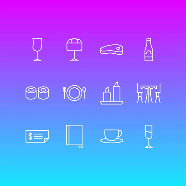 Illustrazione di 12 icone ristorante stile linea. Set modificabile di bicchieri da vino, bistecche, ristoranti e altri elementi iconici . — Foto Stock