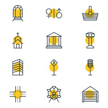 12 şehir simge çizgisi biçiminin vektör illüstrasyonu. WC, demiryolu, garaj ve diğer simge ögelerinin düzenlenebilir kümesi.