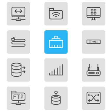 12 web simgesi çizgisi biçiminin vektör illüstrasyonu. Düzenlenebilir anahtar, veri, kablo ve diğer simge ögeleri kümesi.