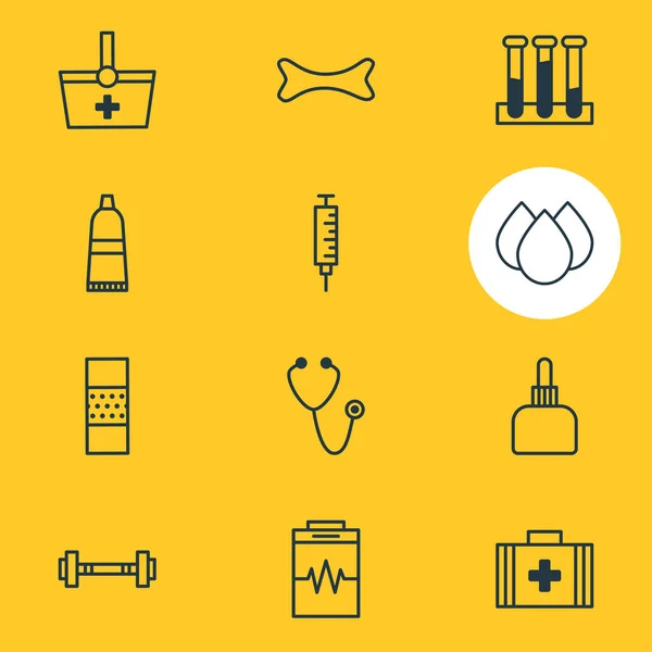 Vektorová ilustrace 12 medicínských ikon ve stylu čáry. Upravitelná sada injekčních stříkaček, urny, činky a dalších prvků ikon. — Stockový vektor
