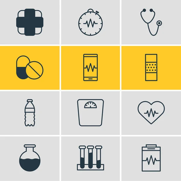 Vektorová ilustrace 12 medicínských ikon ve stylu čáry. Upravitelná sada zkumavky, balená voda, váhy a další prvky ikon. — Stockový vektor