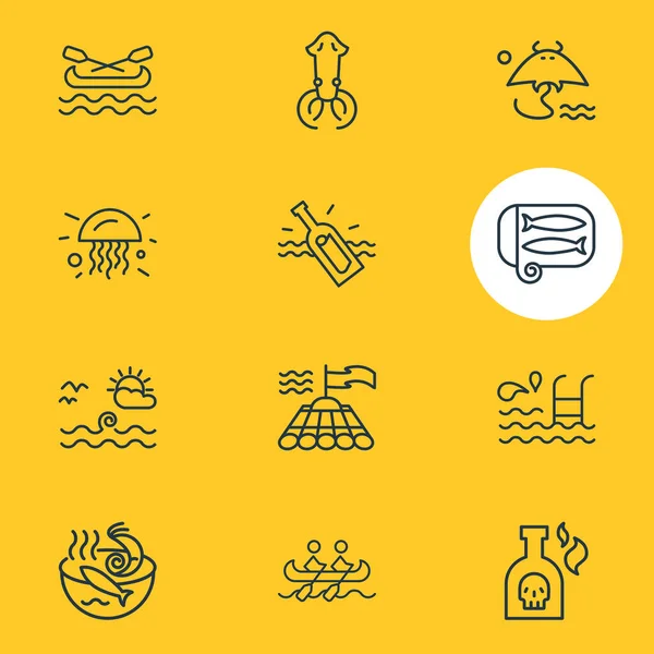 Ilustración vectorial de 12 iconos marinos estilo línea. Conjunto editable de balsa de bambú, stingray, rafting de personas y otros elementos del icono . — Archivo Imágenes Vectoriales