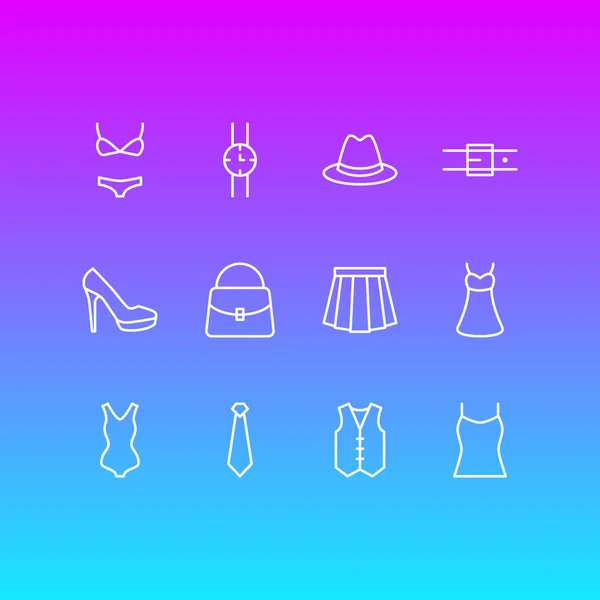 Иллюстрация стиля линии 12 иконок одежды. Столовый набор из сарафана, ремня, бака и других элементов иконы . — стоковое фото