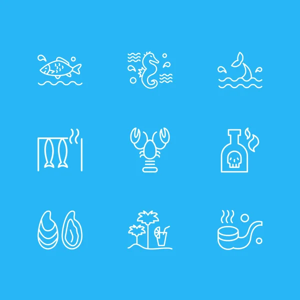 Ilustrace 9 námořních ikon ve stylu čáry. Upravitelná sada kouřících trubek, humrů, uzených ryb a dalších prvků ikon. — Stock fotografie
