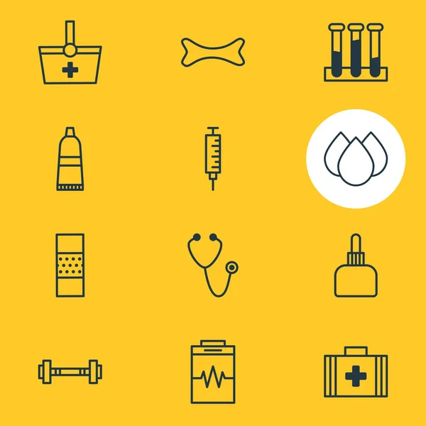 Ilustración de 12 iconos de salud estilo de línea. Conjunto editable de jeringa, urna, barra de pesas y otros elementos del icono . —  Fotos de Stock