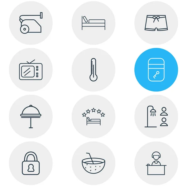 Illustratie van 12 hotel pictogrammen lijn stijl. Bewerkbare set van bed, gedeelde badkamer, mannen badmode en andere pictogram elementen. — Stockfoto