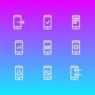 9 telefon simgesi satırının vektör illüstrasyonu. Düzenlenebilir kaldırma, blok, uygulama ve diğer simge ögeleri kümesi.