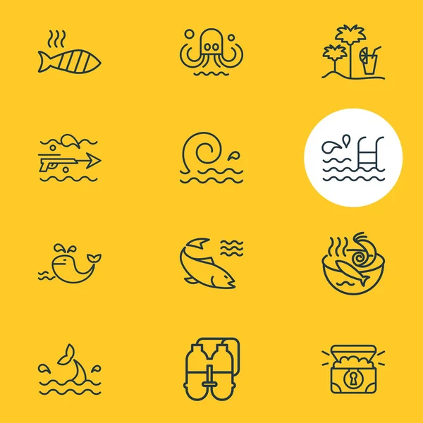 Векторна ілюстрація 12 морських іконок стилю лінії. Підходящий набір восьминогів, острівний бар, елементи піктограми басейну . — стоковий вектор