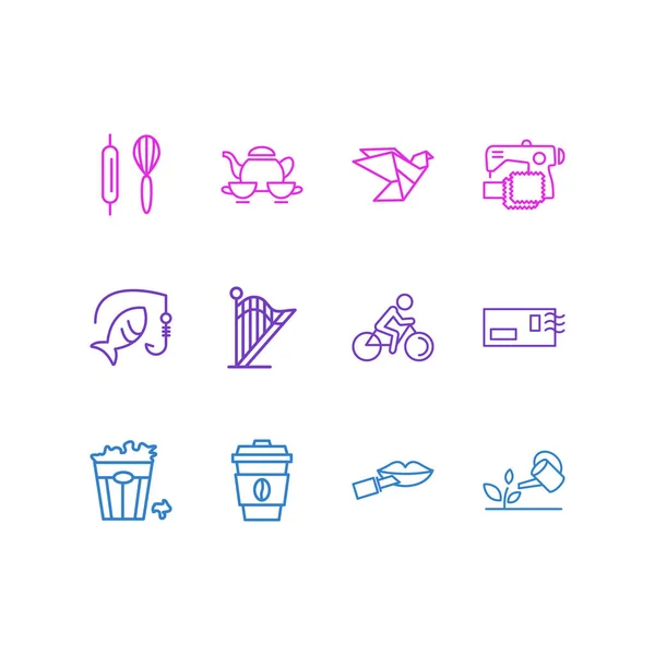 Vector illustratie van 12 activiteiten pictogrammen lijn stijl. Bewerkbare set van fietsen, koffie, bakken en andere pictogram elementen. — Stockvector