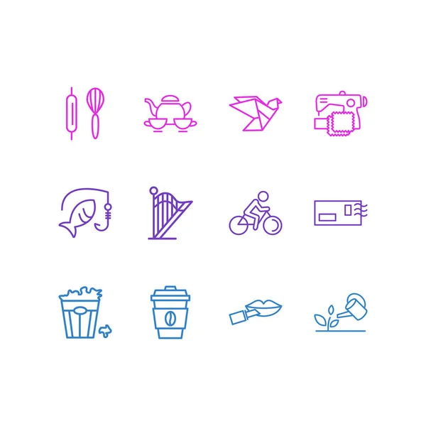 Ilustración de 12 iconos hobby estilo de línea. Conjunto editable de bicicletas, café, hornear y otros elementos icono . —  Fotos de Stock