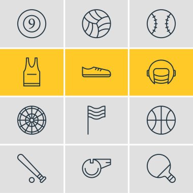 12 fitness simgesi çizgi tarzının vektör illüstrasyonu. Düzenlenebilir bilardo takımı, ıslık, üniforma ve diğer simge ögeleri.