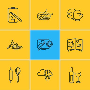 9 hobi simgesi çizgi tarzının vektör illüstrasyonu. Düzenlenebilir sıcak hava balonu seti, örgü, çizim ve diğer simge elementleri.