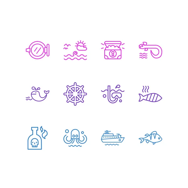 Vektor illusztrációja 12 tengeri ikonok vonal stílusban. Szerkeszthető üveg rum, tengeri táj, grillezett hal ikon elemek. — Stock Vector