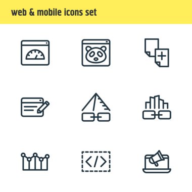 9 pazarlama simgesi çizgisi biçiminin vektör illüstrasyonu. Düzenlenebilir web tasarım servisi, bağlantı piramidi, içeriği ve diğer simge ögelerini kopyala.