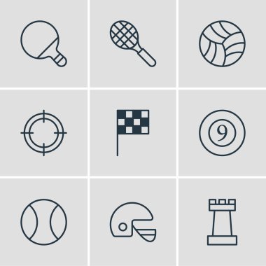 9 spor simgesi çizgisi biçiminin vektör illüstrasyonu. Düzenlenebilir ping seti, bilardo, tenis ve diğer simge ögeleri.