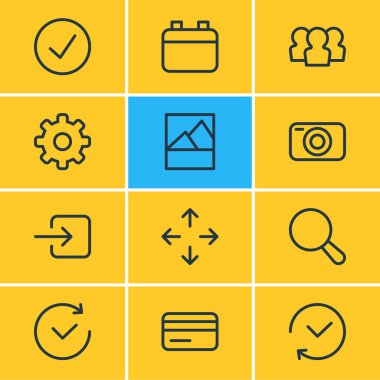 12 uygulama simge satırı biçiminin vektör illüstrasyonu. Kamera, dişli, kullanıcı ve diğer simge ögelerinin düzenlenebilir kümesi.