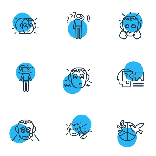 Ilustración vectorial de 9 iconos emoticonos estilo línea. Conjunto editable de duelo, resolución de problemas, alterar el ego y otros elementos del icono . — Archivo Imágenes Vectoriales